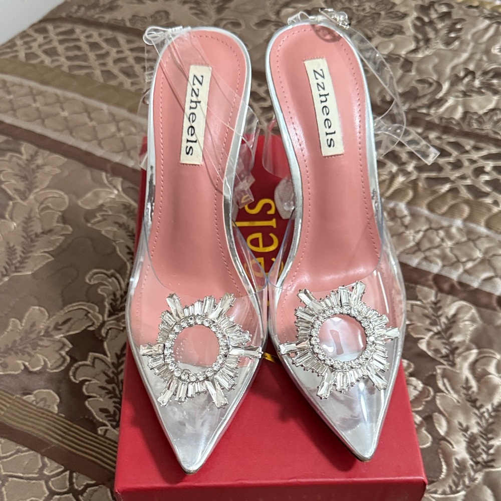 Clear Pointed Slingback Heels with Pink Insole and Silver Crystal Accent